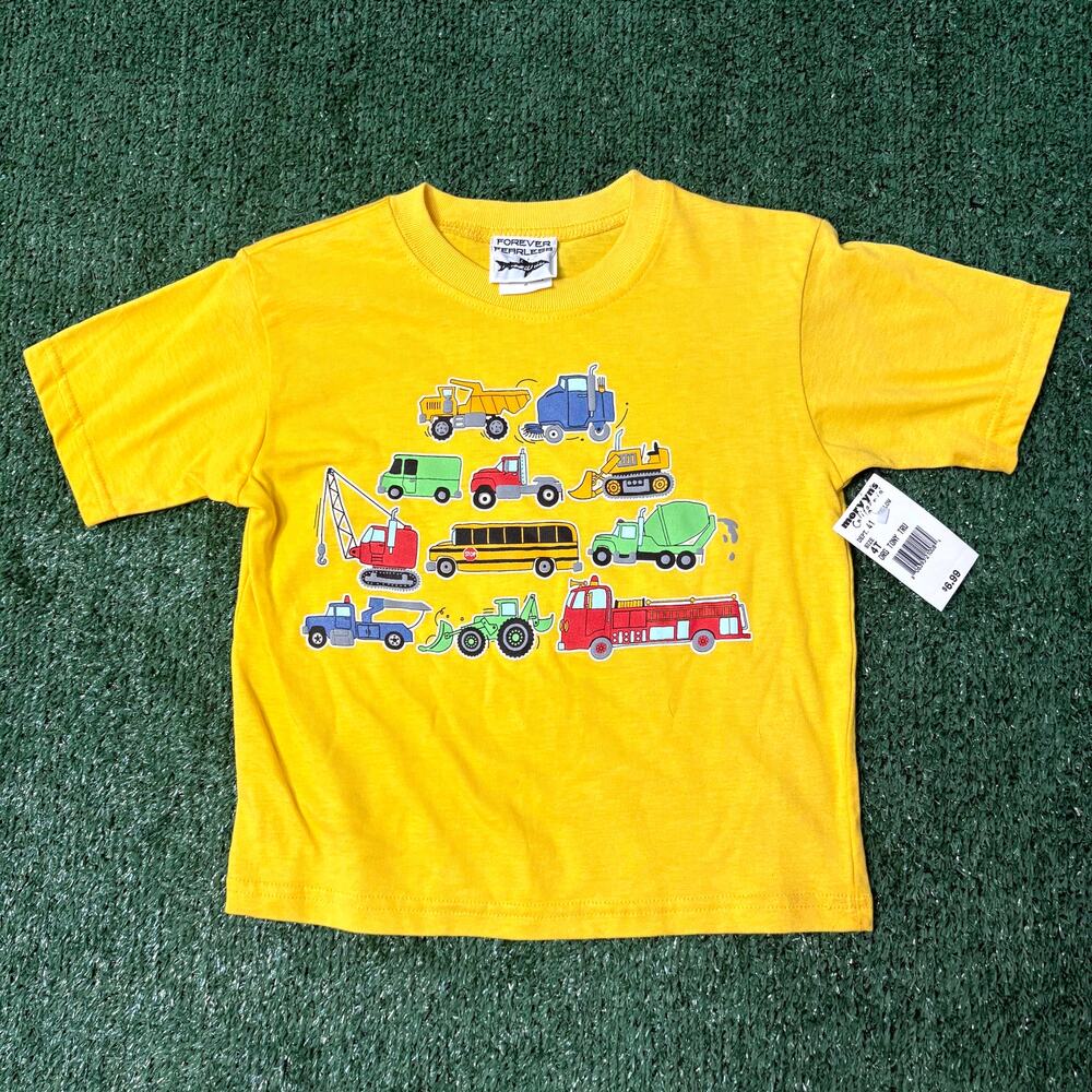 Vintage Y2K Forever Fearless T-Shirt Size 4T Yellow Construction Vehicle & Truck